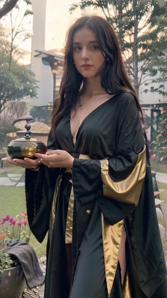 Create a highly realistic image of a beautiful dark-haired mage with a green sparkling effect. She was covered in a black robe with gold trim and runners as decorations. Her hand rose to the night sky. In front of her was a cauldron with an herbal offering that was burning and giving off a slight purple and shiny smoke. Background: Oak bush and few flowers. UHD bokeh., 8k intricate details