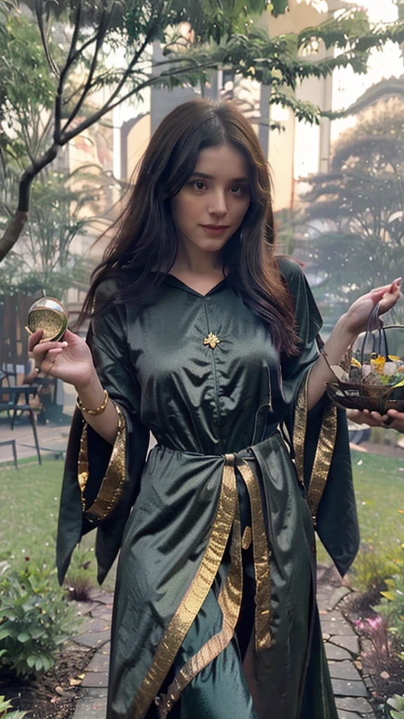 Create a highly realistic image of a beautiful dark-haired mage with a green sparkling effect. She was covered in a black robe with gold trim and runners as decorations. Her hand rose to the night sky. In front of her was a cauldron with an herbal offering that was burning and giving off a slight purple and shiny smoke. Background: Oak bush and few flowers. UHD bokeh., 8k intricate details