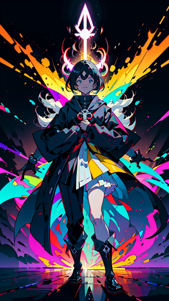 (anime man, neon colors:1.1, devil, satan, extremely psycho, maniac grin, crazy, lunatic, ominous, cool)(best quality,4k,8k,highres,masterpiece:1.2),ultra-detailed,(realistic,photorealistic,photo-realistic:1.37),edgy, vibrant colors, intense lighting, stylized artwork, dynamic pose. Half body, standing, facing camera, priest, religious clothes, heavy robe, heavy religious symbol