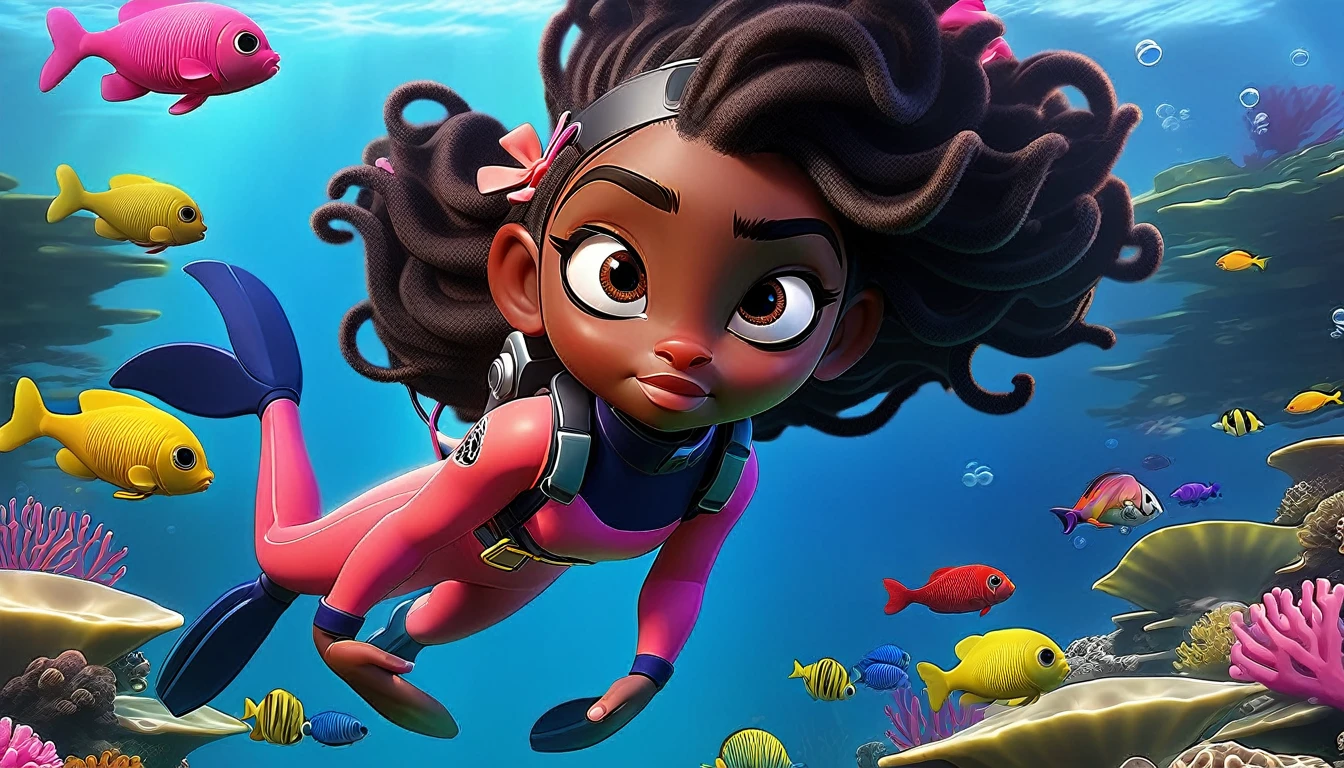 Create a vibrant underwater scene featuring a kid-friendly avatar of a young girl named Arya with dark skin, hair styled in afro puffs with pink and red bows. Arya is swimming underwater, wearing scuba gear including a pink wetsuit, blue overalls, goggles, snorkel, and pink flippers. The underwater environment is lively and colorful, filled with marine life such as fish, coral, and bubbles. Arya has a playful demeanor with large, expressive eyes and a friendly smile.