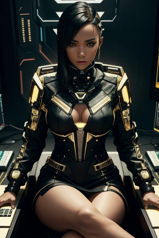 South African woman, Caucasian South African Woman, white skin, cyberpunk, secretary, cyberpunk background, sitting at cyberpunk desk, wearing luxtech, clothing is black and gold, wearing luxury clothing, white skin