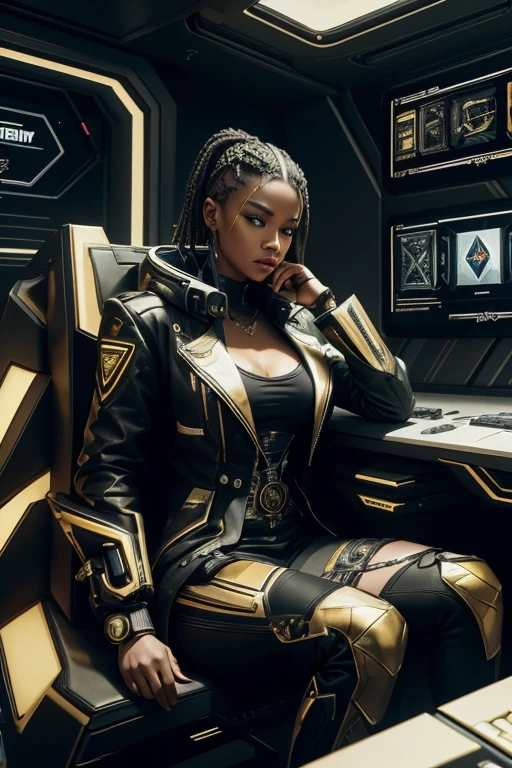 South African woman, Caucasian South African Woman, white skin, cyberpunk, secretary, cyberpunk background, sitting at cyberpunk desk, wearing luxtech, clothing is black and gold, wearing luxury clothing, white skin