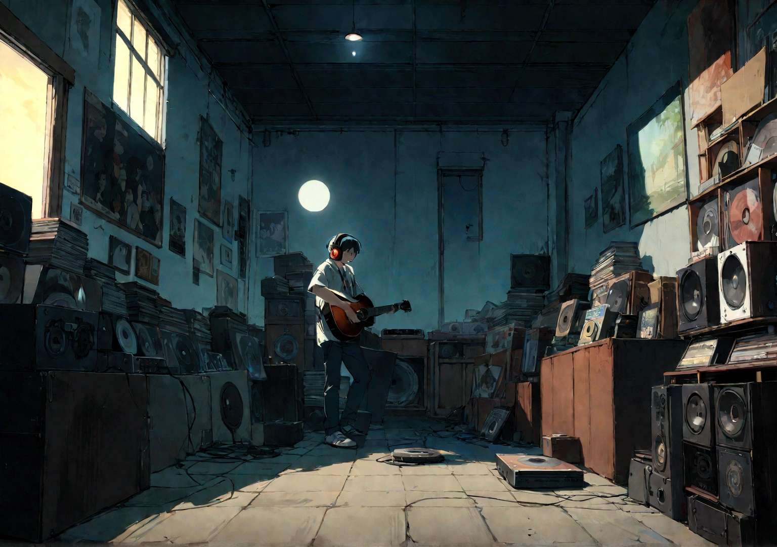 Boy wearing headphones and listening to music, Super detailed, evening, Sad mood, Bright light coming through the window, Night Scenery, , 2D, (Shot from a distance), Wide Shot, (Noise from the film), Old cartoons, (Many records: 1.3), Vinyl record store, (masterpiece, Very high quality, Very high quality, Official Art, beautifully、aesthetic: 1.2), (Very detailed, (Fractal Art: 1.4 ), guitar, (Note: 1.4), (Lo-fi hip hop), Side view, Old Anime Texture, alone, speaker