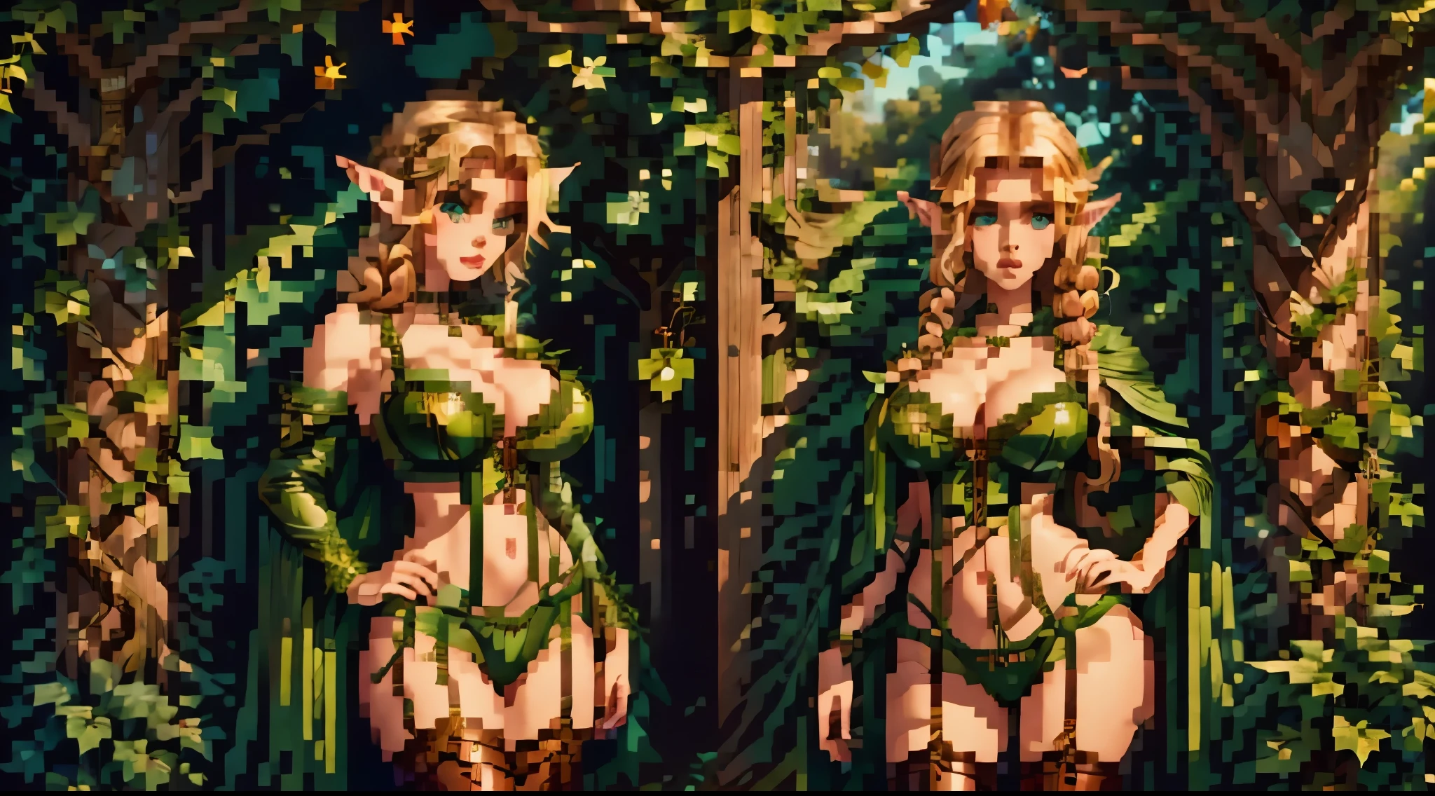 (masterpiece, best quality:1.2), 1girl, 8k, Full body view, standing, (detailed elf ear, Wood elf, 1 woman, elven featured face, seductive expression, massive bulging breast, beautiful green eyes, detailed eyes, braided blonde hair, thick hips, narrow shoulders, hourglass, thick blonde bush, camel toe, slingshot swimsuit), (leather green hooded cape, thin braided leather straps, gartered bustier and panty, elven designed outfit, gold laced ivy leaf pattern), (medieval setting, woodelf tree fort, ivy vines, oak forest, great oak background),