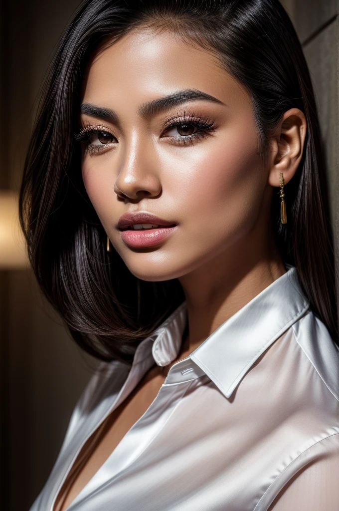 Masterpiece, an award winning portrait of a Asian 30 years old female beautiful business executive, ultra detailed face, ultra high detailed eyes, ultra realistic skin, (textured skin, skin pores, half body shot:1.1), brown skin, long black hair, hair over one eye, brown eyes, dark eyes, thin eyebrows, perfect teeth, red lipstick, seductive makeup, Armani satin business shirt, 32K, ultra high res.photorealistic, UHD, Leica SL2 + Leica Vario-Elmarit-SL 24-70 f/2.8 ASPH, RAW, sharp ,natural lighting, a corporate photograph