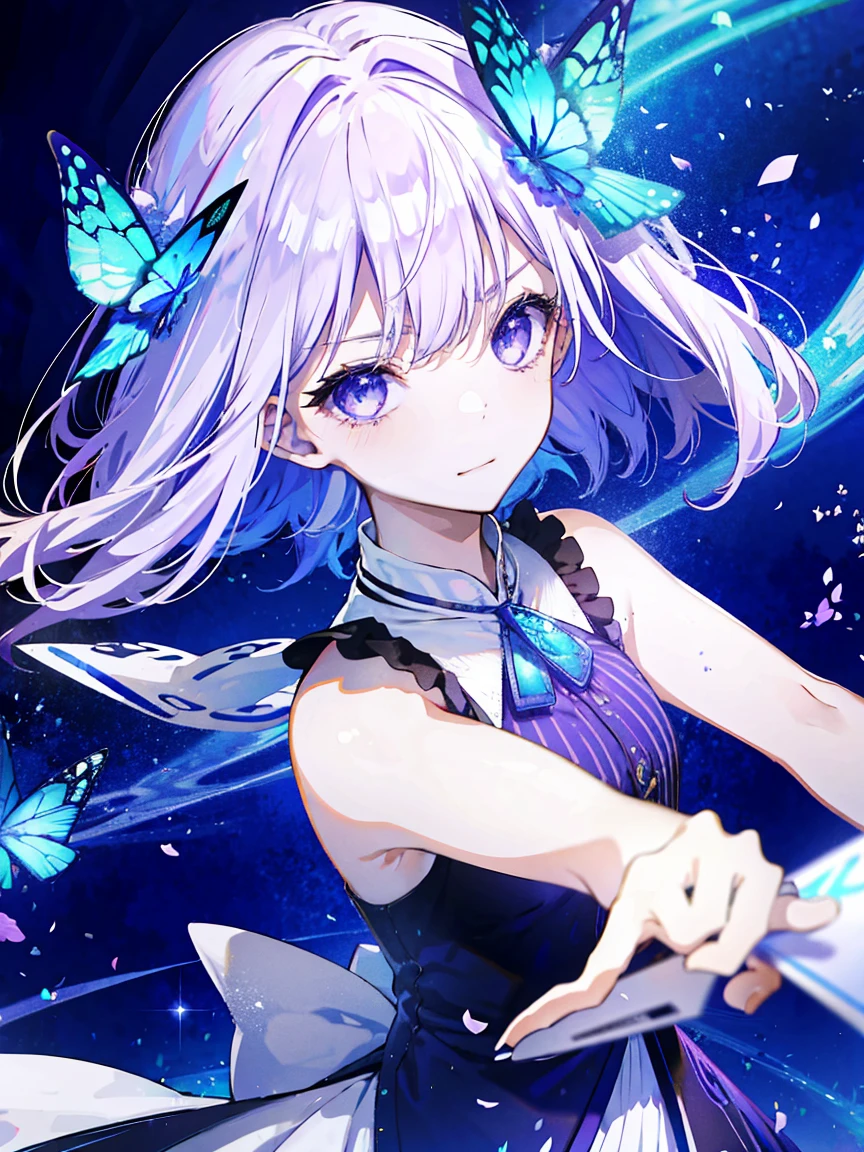 1 girl, Purple Eyes,White hair, 直筒dress, dress, Blue butterflies fly, return, Light Particles, Please shut your mouth, in the room, gem, sleeveless, Bare shoulders, By Bangs,Beautiful and delicate eyes, Detailed background,