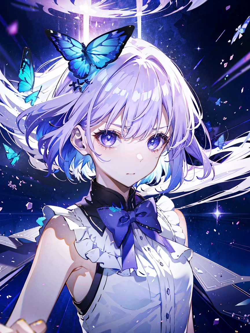 1 girl, Purple Eyes,White hair, 直筒dress, dress, Blue butterflies fly, return, Light Particles, Please shut your mouth, in the room, gem, sleeveless, Bare shoulders, By Bangs,Beautiful and delicate eyes, Detailed background,