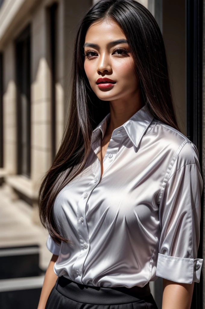 Masterpiece, an award winning portrait of a Asian 30 years old female beautiful business executive, ultra detailed face, ultra high detailed eyes, ultra realistic skin, (textured skin, skin pores, half body shot:1.1), brown skin, long black hair, hair over one eye, brown eyes, dark eyes, thin eyebrows, perfect teeth, red lipstick, seductive makeup, Armani satin business shirt, 32K, ultra high res.photorealistic, UHD, Leica SL2 + Leica Vario-Elmarit-SL 24-70 f/2.8 ASPH, RAW, sharp ,natural lighting, a corporate photograph