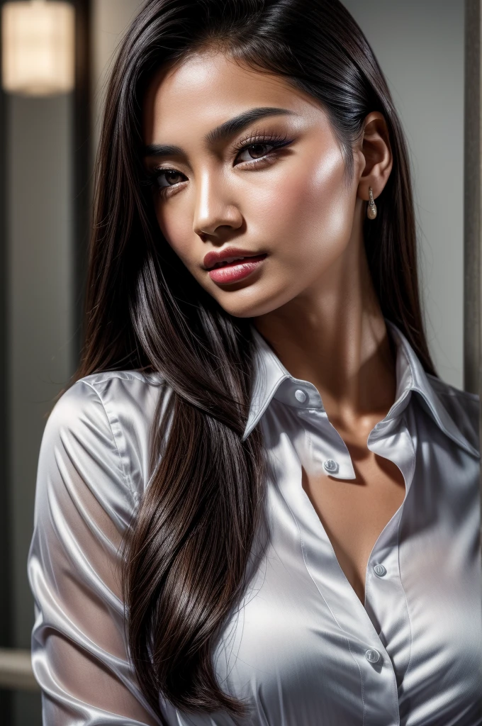 Masterpiece, an award winning portrait of a Asian 30 years old female beautiful business executive, ultra detailed face, ultra high detailed eyes, ultra realistic skin, (textured skin, skin pores, half body shot:1.1), brown skin,  long black hair, hair over one eye, brown eyes, dark eyes, thin eyebrows, perfect teeth, red lipstick, seductive makeup, Armani satin business shirt, 32K, ultra high res.photorealistic, UHD, Leica SL2 + Leica Vario-Elmarit-SL 24-70 f/2.8 ASPH, RAW, sharp ,natural lighting, a corporate photograph