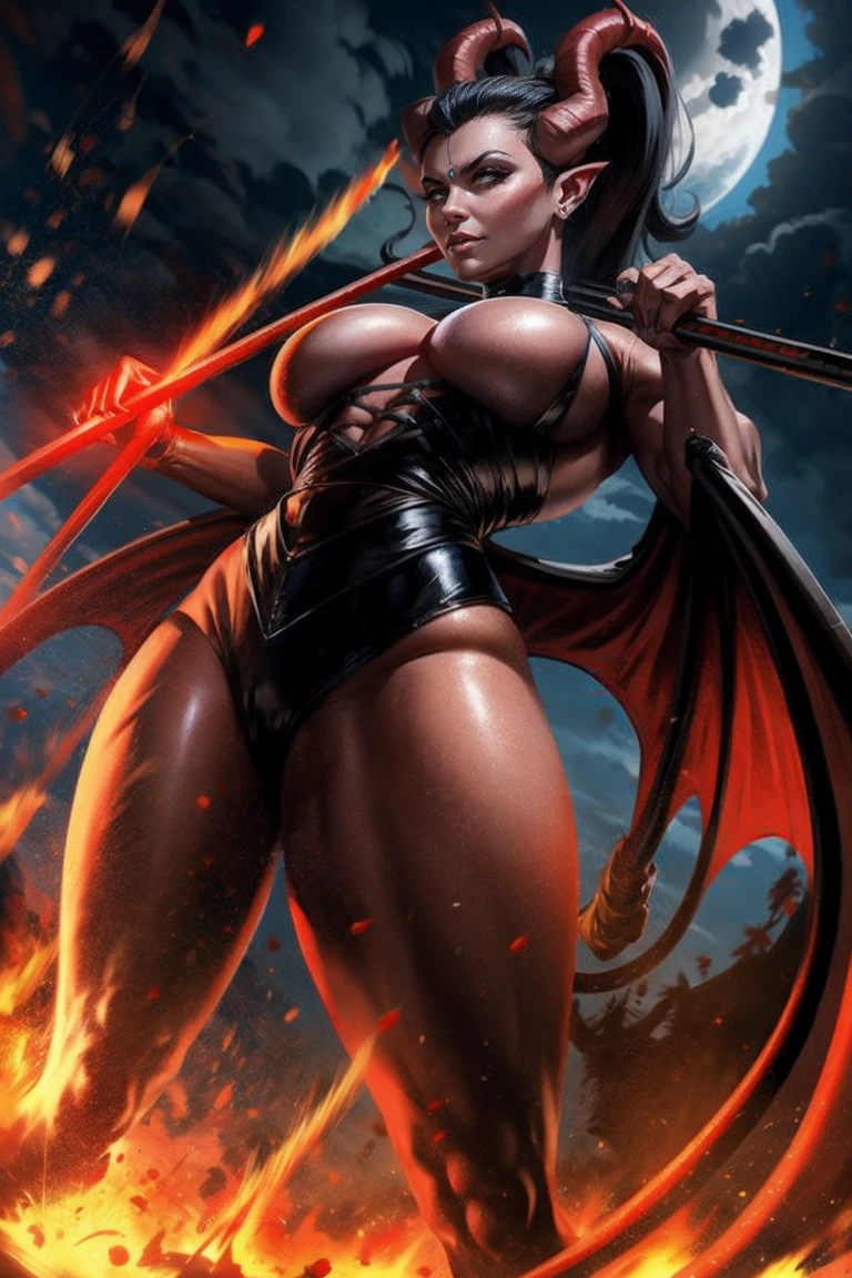 Red skin succubus tiefling, medium breasts, black horns, wings, huge tail, black leather, tall, toned, graceful, thin, long black ponytail. Action scene, whip.