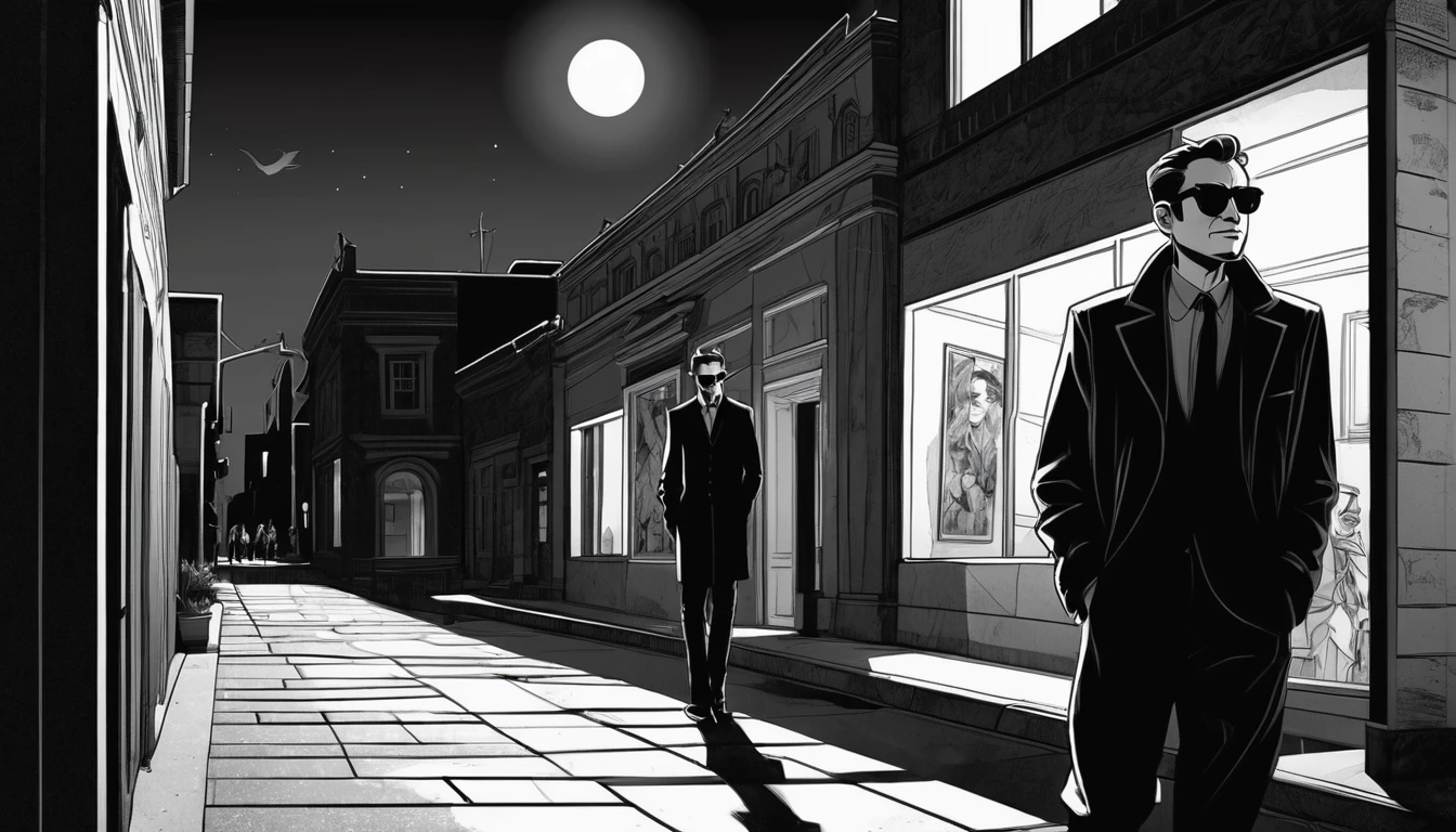 An adult man, of medium build, in a comic-style illustration, smiling slyly and maliciously while walk going away from an art´s museum, the general aesthetic is reminiscent of a strip black comic, with shades of gray in a black and white composition, enhanced by a single and mysterious touch of moonlight. adding an air of cinematic tension