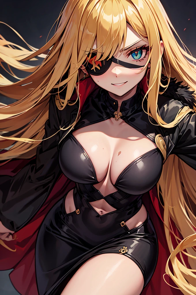 ((masterpiece)), ((best quality)), 1girl, adult, long hair, ((blonde hair)), blonde hair, ((intimidant look)), ((close-up)), green eyes, black and red clothes, sexy, dark colors, brillant eyes, ((coat with fur)), ((wavy hair)), perfect hands, ((sexy pose)), ((intimidant look)), good anatomy, ((dark sage clothes)), ((straight cut bangs)), emotionless, intimidant, ((beautiful eyes)), close up, ((detailed eyes)), beautiful eyes, ((detailed face)), hair bang, frontal look, abs, smile, detailed face, eyepatch, full body
