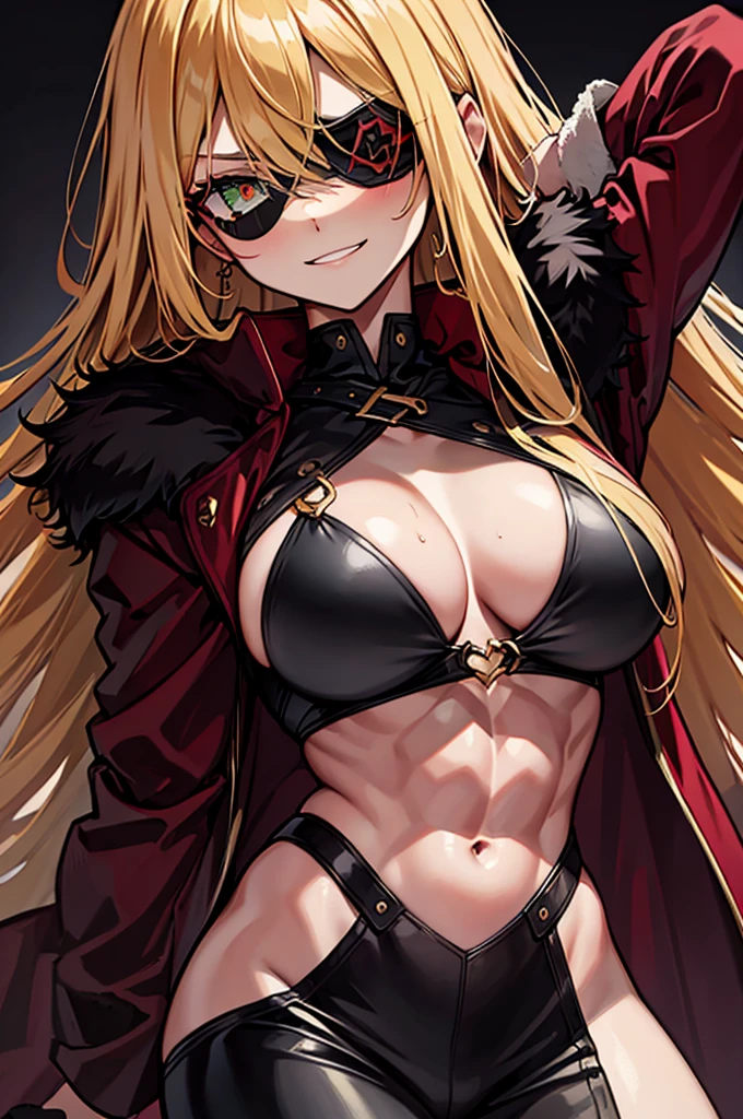 ((masterpiece)), ((best quality)), 1girl, adult, long hair, ((blonde hair)), blonde hair, ((intimidant look)), ((close-up)), green eyes, black and red clothes, sexy, dark colors, brillant eyes, ((coat with fur)), ((wavy hair)), perfect hands, ((sexy pose)), ((intimidant look)), good anatomy, ((dark sage clothes)), ((straight cut bangs)), emotionless, intimidant, ((beautiful eyes)), close up, ((detailed eyes)), beautiful eyes, ((detailed face)), hair bang, frontal look, abs, smile, detailed face, eyepatch, full body