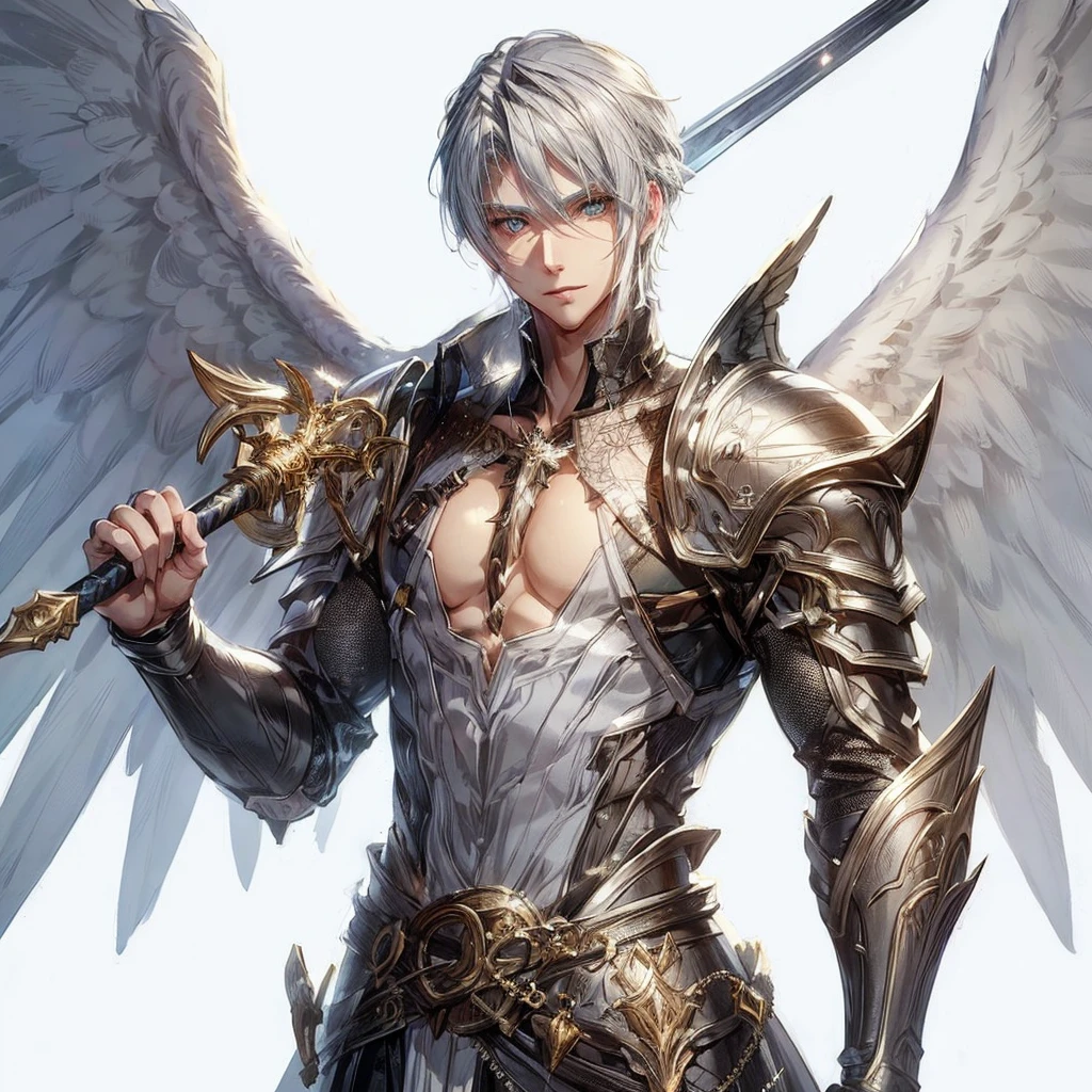 Highly detailed, High Quality, Masterpiece, beautiful,I want an image of a man with white hair and skin, who is attractive and has two angel wings and medieval armor and a long sword. I also want the eyes to be more detailed and the hair looks good. I want it short