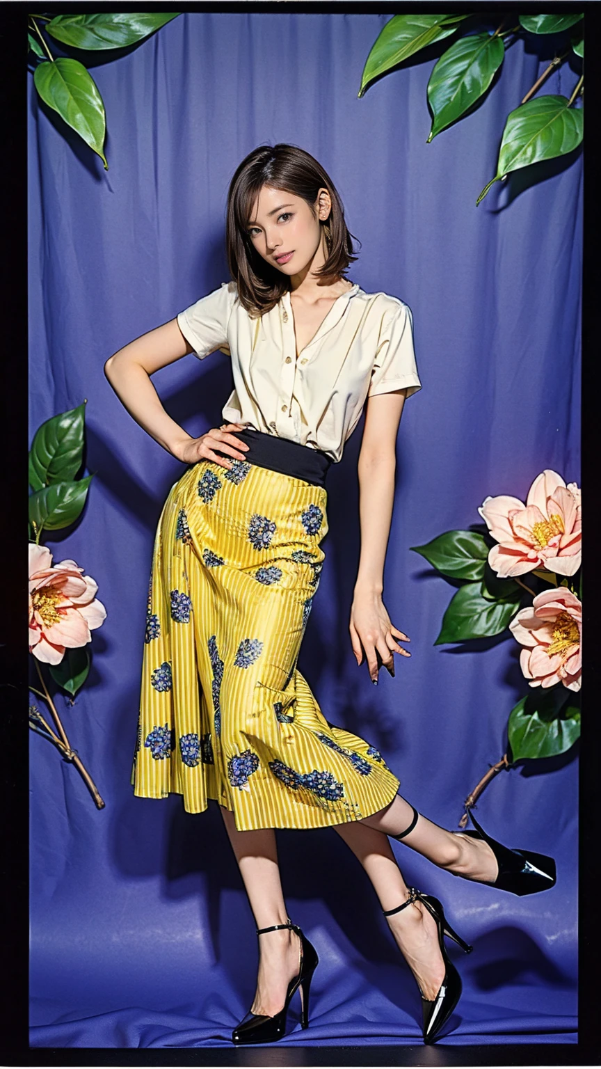 ((masterpiece)),(((Highest quality))),Thin thighs,Long legs,whole body:1.5,(One Girl:1.3),(Black pantyhose and thick pointy heels:1.3),(Wearing a floral striped mid-long flared skirt dress:1.2),Short blonde hair:1.2、Model pose with legs spread wide,