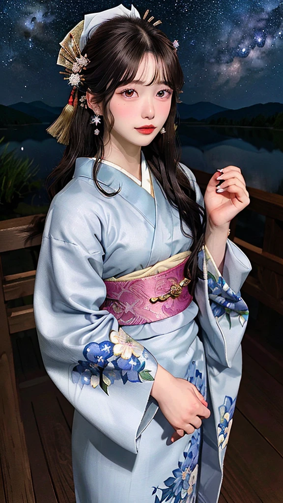 4K highest image, highest quality romantic illustration in Japanese anime art style depicting Tanabata night. A handsome young man in his early 20s, representing Hikoboshi, with long silver hair and tribal tattoos, wearing a properly fitted traditional kimono. A beautiful young woman in her early 20s, representing Orihime, with a well-defined nose and clear features, wearing makeup, pretty hairpins, and earrings. She also wears a traditional kimono. They are facing each other, gazing into each other's eyes, and embracing. The background features the beautiful Milky Way with stars twinkling mysteriously, creating a fantastical summer night atmosphere. The overall scene is beautiful, stylish, romantic, and mystical.