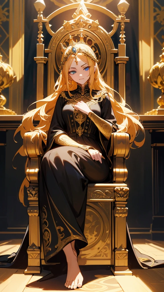 a beautiful elegant woman, flowing golden hair, piercing blue eyes, ornate black gown, intricate golden details, sitting on ornate throne, grand hall of castle, regal, goddess, queen, ceremonial dress, photorealistic, 8k, ultra-detailed, cinematic lighting, dramatic shadows, intricate details, vibrant colors, golden crown on head, bare feet