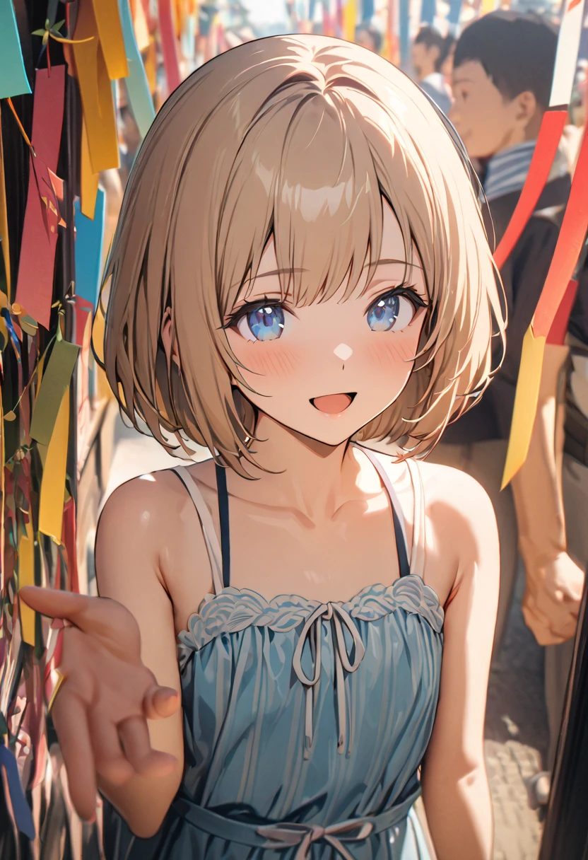 1 girl, 18yo, (flat chest: 1.5), blue eyes, light brown hair, bob cut, summer outfit, smile, open mouth, tanabata festival, large shopping arcade, Tanabata decorations, lots of Tanabata streamers, crowds in the background, upper body, 8k, RAW photo, best quality, masterpiece, extremely detailed 8k wallpaper, ultra-detailed, best shadow, detailed background, beautiful detailed face, beautiful detailed eyes, nice hands, perfect hands
