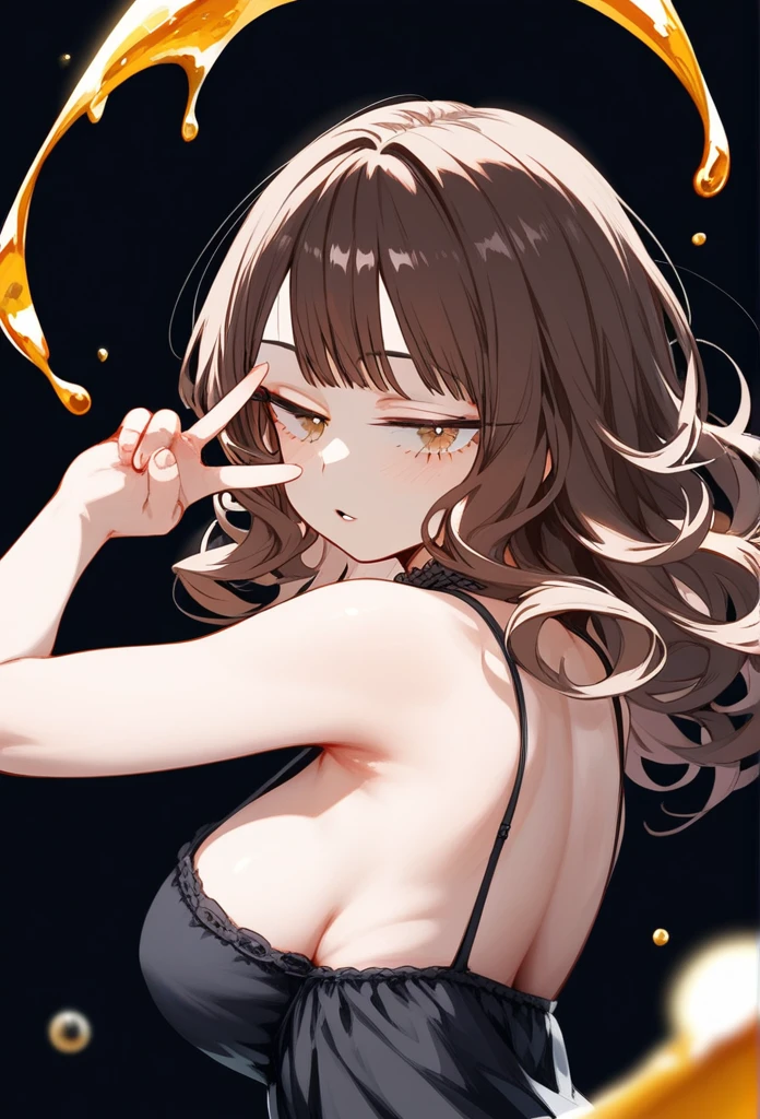 masterpiece, Score_9, Score_8_up, Score_7_up, rear view, 1 woman, alone, brown hair, long curly hair, split bangs, honey eyes, half-closed eyes, parted lips, expressionless, pale skin, large breasts, upper body, Black nightdress with V-neckline, black background, best quality, long and split bangs, boku no Hero academia