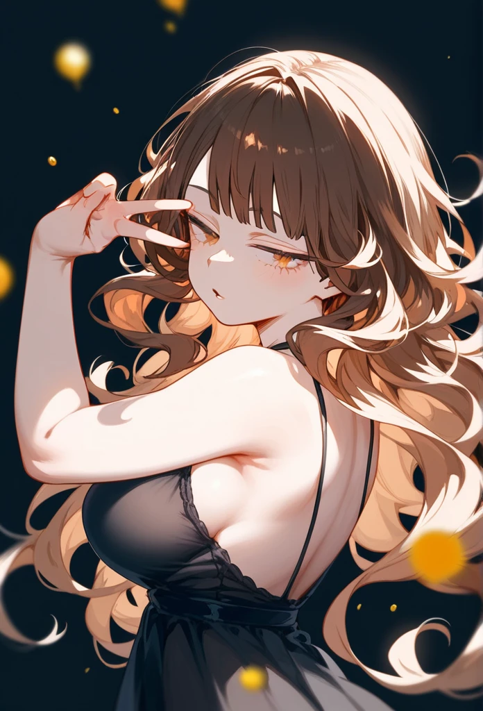 masterpiece, Score_9, Score_8_up, Score_7_up, rear view, 1 woman, alone, brown hair, long curly hair, split bangs, honey eyes, half-closed eyes, parted lips, expressionless, pale skin, large breasts, upper body, Black nightdress with V-neckline, black background, best quality, long and split bangs, boku no Hero academia
