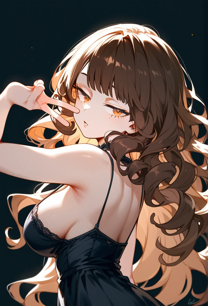 masterpiece, Score_9, Score_8_up, Score_7_up, rear view, 1 woman, alone, brown hair, long curly hair, split bangs, honey eyes, half-closed eyes, parted lips, expressionless, pale skin, large breasts, upper body, Black nightdress with V-neckline, black background, best quality, long and split bangs, boku no Hero academia