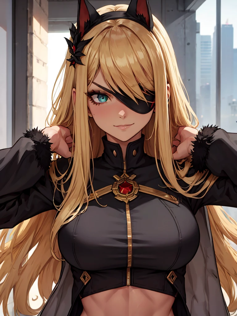 ((masterpiece)), ((best quality)), 1girl, adult, long hair, ((blonde hair)), blonde hair, ((intimidant look)), ((close-up)), green eyes, black and red clothes, sexy, dark colors, brillant eyes, ((coat with fur)), ((wavy hair)), perfect hands, ((sexy pose)), ((intimidant look)), good anatomy, ((dark sage clothes)), ((straight cut bangs)), emotionless, intimidant, ((beautiful eyes)), close up, ((detailed eyes)), beautiful eyes, ((detailed face)), hair bang, frontal look, abs, smile, detailed face, eyepatch, full body