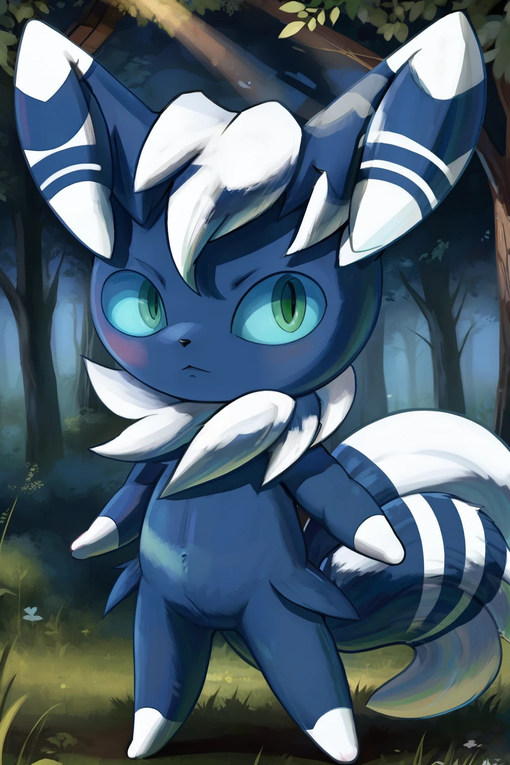 masterpiece, best_quality, Meowstic, pokemon (creature), tail, furry, blue skin, green eyes, MEOWSTIC_MALE, standing position, forest background, solo