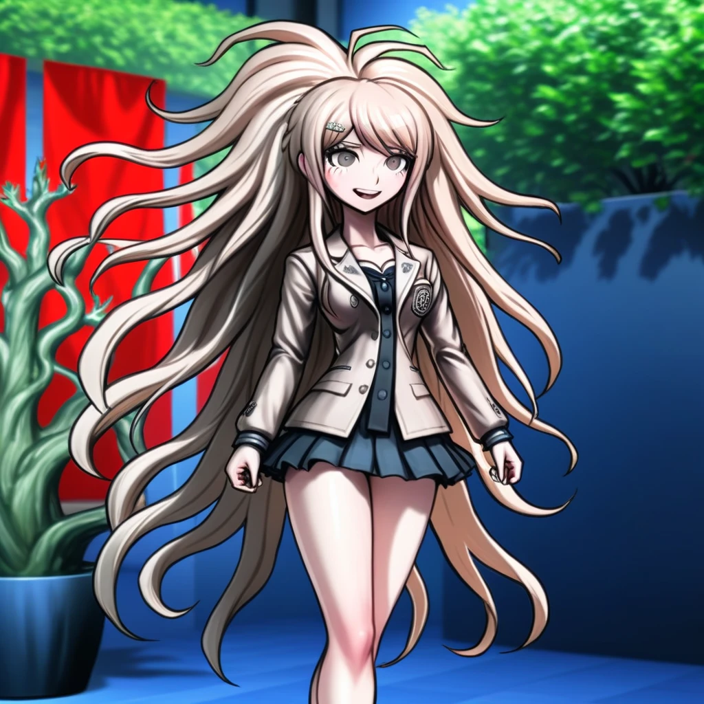 Woman, violent, elegant design, long hair, danganronpa style, thick lines, full-body portrait, detailed eyes, dynamic pose, smiling, shrub, anatomically correct