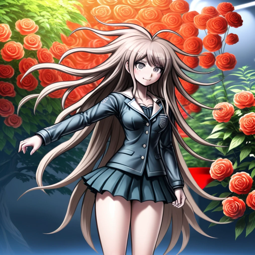 Woman, violent, elegant design, long hair, danganronpa style, thick lines, full-body portrait, detailed eyes, dynamic pose, smiling, shrub, anatomically correct