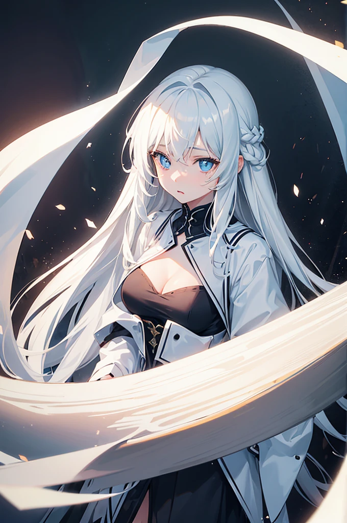 A girl,White long hair,Dissemination,Light blue pupils,Big breasts,17-year-old girl,Humanity,A bit dull,mild