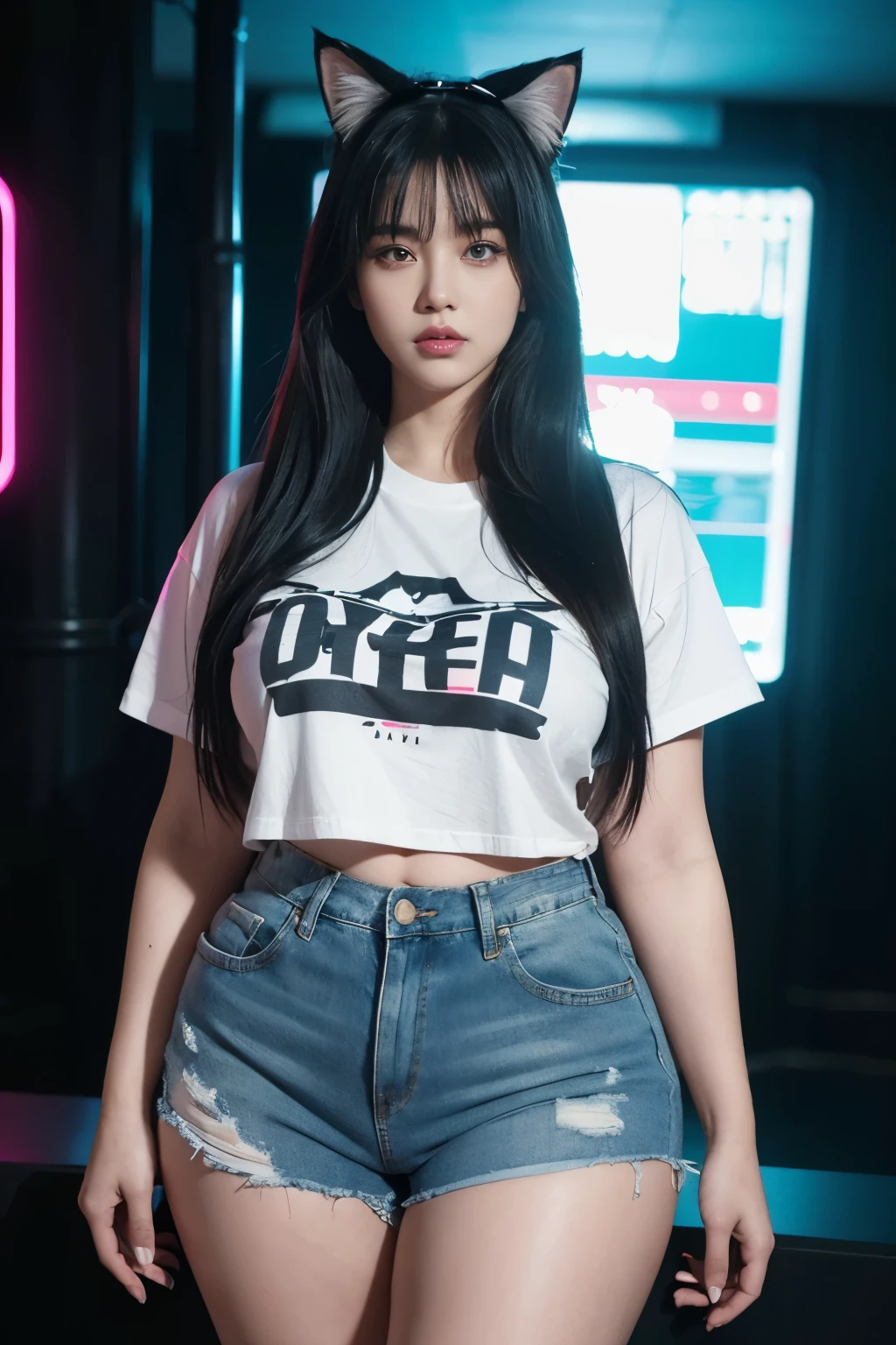 a beautiful woman with cat ears, cyberpunk girl, plump curvy body, oversize tees, casual denim shorts, high thighs, neon lights, detailed face, intricate hair, hyper-detailed, 8k, photorealistic, cinematic lighting, vibrant colors, conceptual art