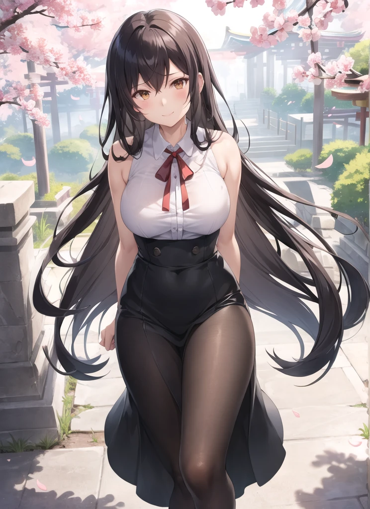 shinkai makoto style, 1girl, bangs, long black hair, blue sky, gentle smile, brown eyes, cloud, , white collared shirt, red ribbon, outdoors, summer day, cherry blossom petals, ancient shrine in background, glowing fireflies, ethereal atmosphere, bittersweet expression, sunset colors, fading realms lora:shinkai_makoto_offset:1