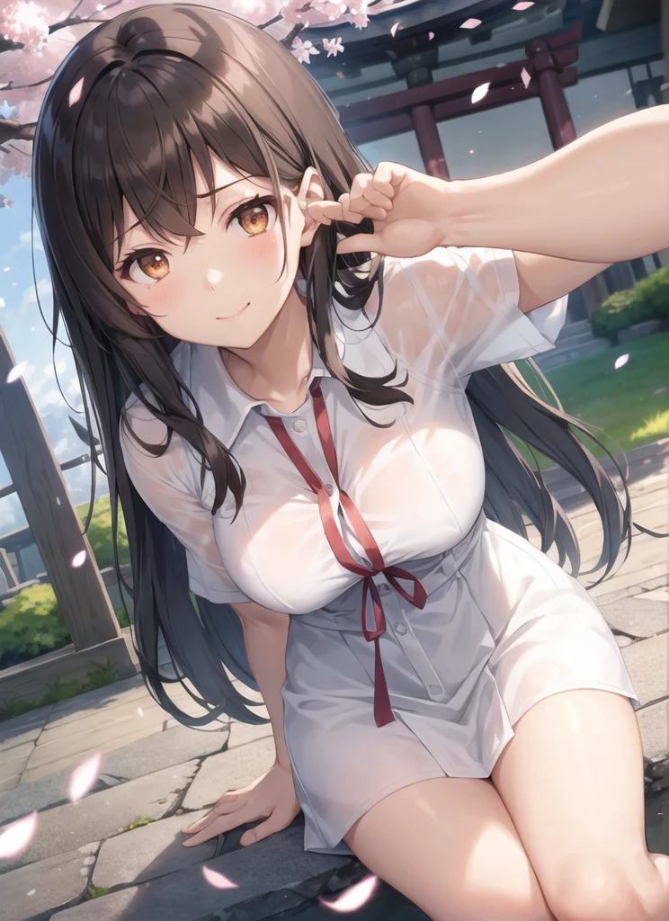 shinkai makoto style, 1girl, bangs, long black hair, blue sky, gentle smile, brown eyes, cloud, , white collared shirt, red ribbon, outdoors, summer day, cherry blossom petals, ancient shrine in background, glowing fireflies, ethereal atmosphere, bittersweet expression, sunset colors, fading realms lora:shinkai_makoto_offset:1