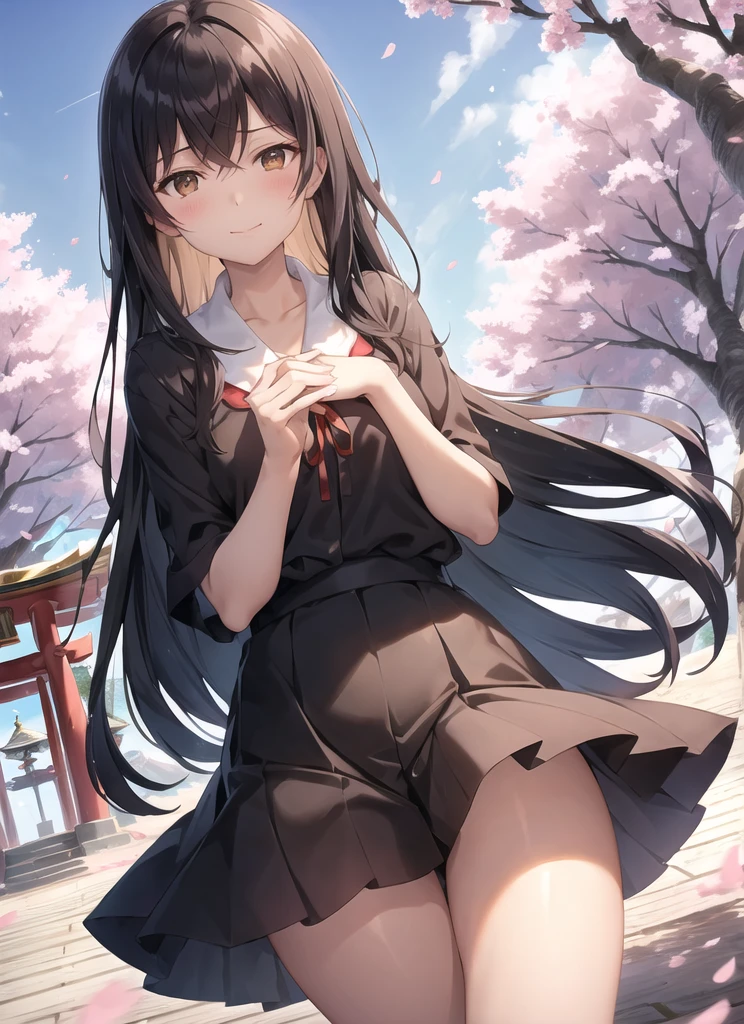 shinkai makoto style, 1girl, bangs, long black hair, blue sky, gentle smile, brown eyes, cloud, , white collared shirt, red ribbon, outdoors, summer day, cherry blossom petals, ancient shrine in background, glowing fireflies, ethereal atmosphere, bittersweet expression, sunset colors, fading realms lora:shinkai_makoto_offset:1