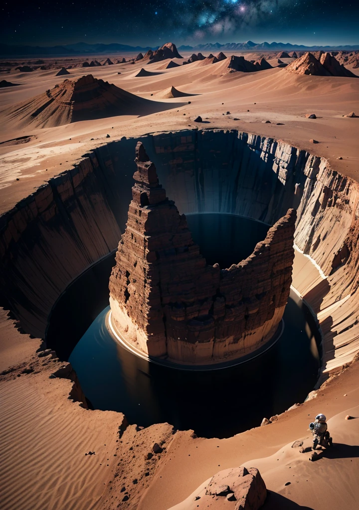 An astronaut stands on the edge of a vast cliff, peering down into an enormous, deep crater that stretches out before them. The Martian night sky is filled with countless stars, casting a gentle glow over the barren, rocky terrain. The depth of the crater is immense, disappearing into darkness, creating a sense of awe and wonder. Jagged rocks and steep slopes surround the scene, with the distant Martian mountains silhouetted against the starry sky. The astronaut's suit is faintly illuminated by their helmet lights, highlighting the surreal beauty of the Martian night.