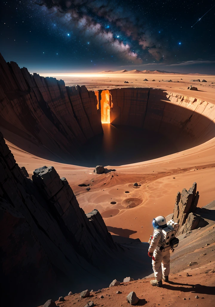 An astronaut stands on the edge of a vast cliff, peering down into an enormous, deep crater that stretches out before them. The Martian night sky is filled with countless stars, casting a gentle glow over the barren, rocky terrain. The depth of the crater is immense, disappearing into darkness, creating a sense of awe and wonder. Jagged rocks and steep slopes surround the scene, with the distant Martian mountains silhouetted against the starry sky. The astronaut's suit is faintly illuminated by their helmet lights, highlighting the surreal beauty of the Martian night.