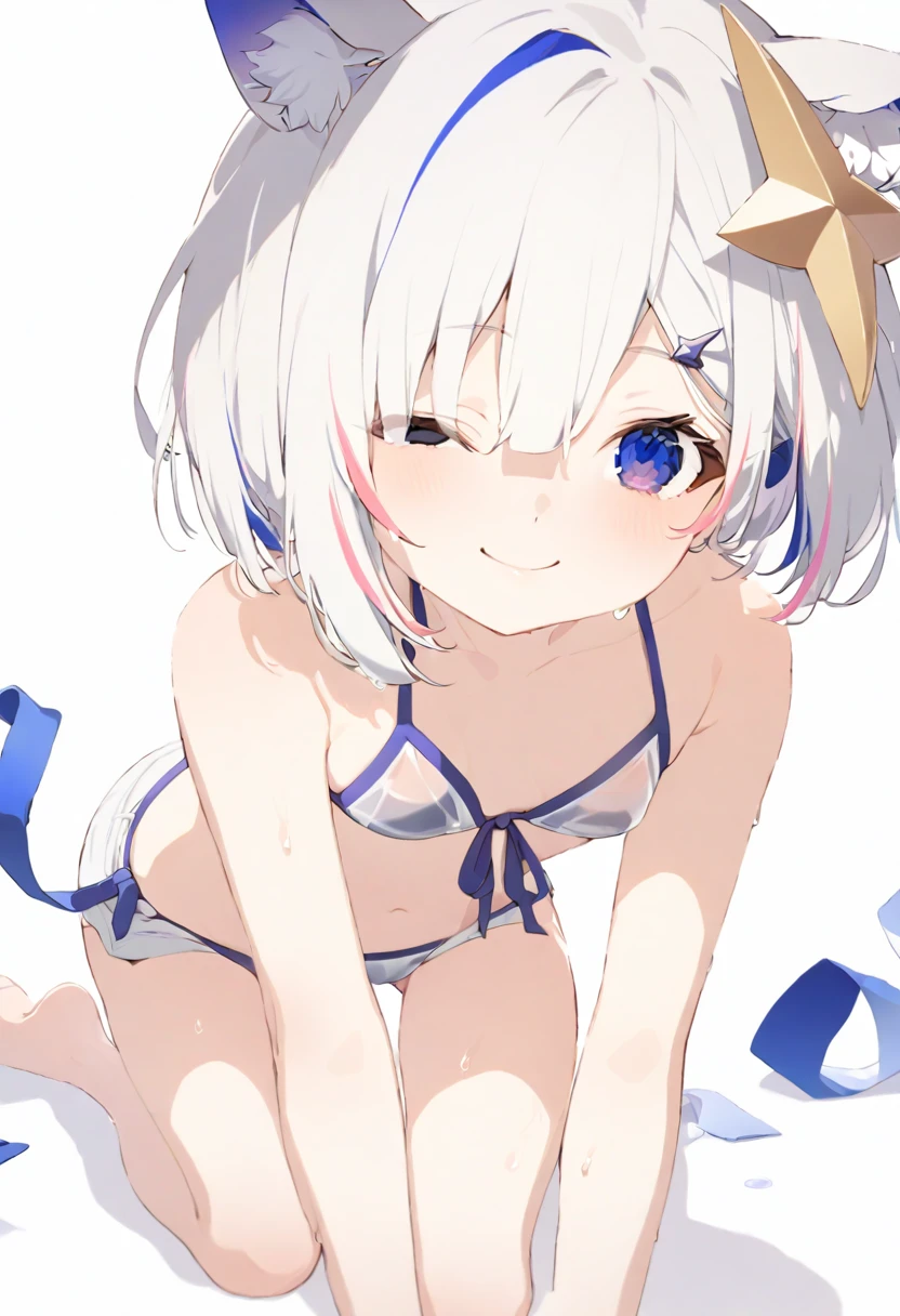 (muste piece), (best quality), very detailed eyes, expressive eyes, perfect face, very detailed face, highly detailed face, beautiful girl, 8K, beautiful girl, white background, delicate and beautiful face and eyes, dark intense shadow,
1 girl, vtuber style, cool girl, amane kanata, streaked hair, short hair, sailor bikini, string bikini, front-tie top, Not zipped shorts, small chest, cropped shoulders, clavicle, wet body, one eye close winking, smile, body visible through clothes, chest visible through clothes, ass visible through thighs, (full body), barefoot, naked thighs, sitting, open legs wide,