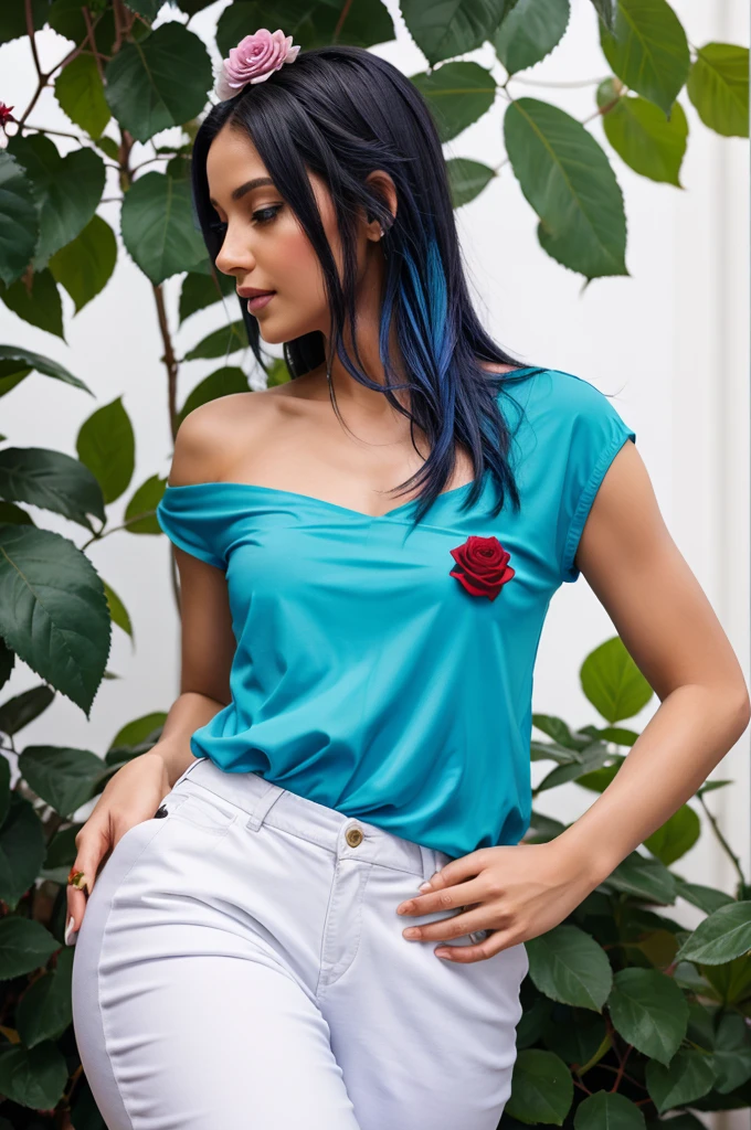 A colorful, glass-like rose with petals in shades of blue, red, yellow, and purple lies on a smooth, white, flowing surface. The word SARITA is displayed in metallic, silver letters beneath the rose. Green leaves extend from the stem, adding a touch of natural contrast to the vibrant, stylized flower.
