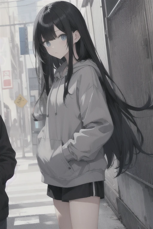 Long straight black hair、With bangs、Eye color: blue、He is wearing a grey thigh-length hoodie.、Girl Illustration