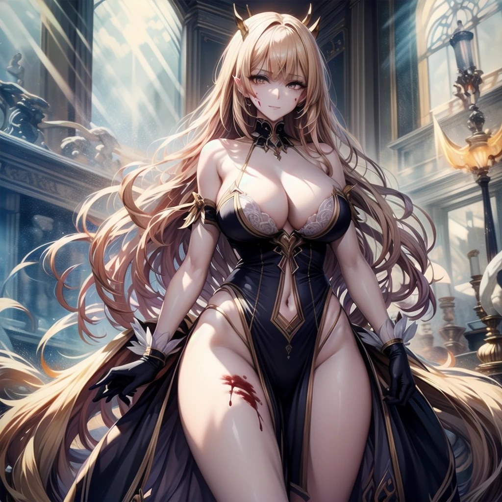 (masterpiece) - A captivating image of an ethereal goddess wielding a long sword, Adorned in shimmering grey and silver armour.  It features intricate stripes and gold flecks., It captivates the viewer with its air of authority and nobility.. 彼女の白いskin, Shining beneath the soft gold of the armor,Her long, 流れ落ちるblondeと金色の髪が彼女の後ろに楽々and flowing, Captures light and is delicate,Stormy Skies, 死んだ腐ったBloodに飢えた邪悪なzombie, Girl Venom, 黒い共bornborn物が付着している, Bloodまみれの, Evil look, Psychopathic, Torn clothes, Torn costume, sexy, reveal, Combat Stance, Very detailed, Vibrant appearance, Creative Action, Very detailed, Imaginative, Sensual, Voluntary, Small breasts, sexy, reveal, Highest quality, skinの質感, Intricate details, (Highest quality, masterpiece, 超High resolution), (8k wallpaper, High resolution, High resolution, born), (credibility: 1.4), (whole bodyショット), One girl, ((Anime Girls)),,(Bloodしぶき:1.6), ((Fantasy Witch Costume)), ((Flowing white hair)), ,(Bloodしぶき:1.6),Female curves, Large Breasts, Thick thighs, sexyな平らなお腹, 完璧なhand, 完璧なアニメのface, ((dark lolita dress)), Are standing, ((Wicked Smile)), ,(Bloodしぶき:1.6),In the Victorian city, gaslight, Steam circulates, Moonlight Illumination, night間照明, A sky filled with stars and galaxies,disaster々new devil horns,,(Bloodしぶき:1.6),アニメzombie魔女デザイン, ねじれた笑face、Bloodまみれの、頭からの出Blood、Bloodしぶき、,(Bloodしぶき:1.6),Crossbones, skull, Streetwear Design, Provector, Horror Style, Full Design, Huge breasts, Very detailed, Realistic, Dark fantasy, Gloomy atmosphere, Intricate details, Crazy Smile, 狂ったeye, A cute and luxurious hair band,(masterpiece:1.2, Highest quality), Scary atmosphere、Distorted facial expressions、Horror Art、Bloodの雨、Bloodを流す、Bloodしぶき,(Bloodしぶき:1.6),悪魔のeye、redいeye、scar、火scar、whole body、Torn hair of a woman dressed in slave clothing、（Long Hair）、（eyeにかかる長さの前髪）、Black Hair、（（（eyeの下のクマ）））、青白いskin、Feeling unwell、Pathological、邪悪な笑face、狂ったeye、（Grin）Dramatic makeup，Create mixed media art、,Horror 1 Girl, Open_mouth, , red_eye, Blood, Tilt_red_skin, Injury, Blood_in addition_face, Bandaged_arm, Blood_in addition_zombie, Blood_in addition_hand　, Open your eyelids wide, The trend is all, mouthを大きくOpen, mouthを開けてteethをむき出しにする,獣のような鋭いteeth, Wide lips, 非常に広いmouth, Vermilion cheeks, blonde, ,(Bloodしぶき:1.6),Princess Cut, Ribbon hair ornament, brooch, Otaku Room, Well-built body, Nice body, Ample breasts, Thick body,eyeを大きく開いて、Scary atmosphere、Distorted facial expressions、ねじれた笑face、Bloodまみれの、頭からの出Blood、Bloodしぶき、whole body、,(Bloodしぶき:1.6),Long Hair、Long bangs、Well-built,Broad shoulders,I focus,(face),Messy Hair,いeye,(光るeye),red信号,笑face,big 笑face,teeth,psycho 笑face,gesugao,Dark city background,darkness,night,(close),良いeye, 良いteeth,サディスティックな笑face,,all,光沢のあるskin,詳細なface,Beautiful body,　mouthからの白い息　Luxurious lace long gloves