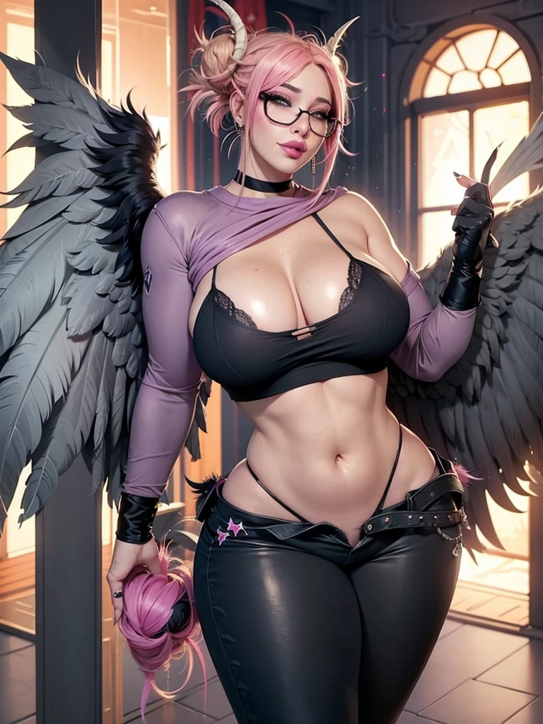 realisticlying,22yo girl,Blonde short、big body, sexy lingerie lace black ,perfect eyes, hair bunches、very very long hair, ultradetailed hair, body nylon sexy, Breasts enlarged、 big body, blonde, woman 1.90 CM,ponytail, ((hair over eyes)),perfect mouth, massive big bounce oppai, WET SKIN, (masterpiece, best quality:1.2), 1girl, solo, city background, haze \(fortnite\), Harpy Haze From fortnite, 1girl, earrings, glasses, hat, jewelry, lips, long hair, looking at viewer, makeup, nail polish, pink eyes, pink hair, pink nails, smile, sunglasses, tinted eyewear, belt, black pants, crop top, eyeshadow, midriff, navel, pants, choker, fingernails, round eyewear, sharp fingernails, standing, black feathers, black headwear, hoop earrings, horned headwear, horns, denim, winged arms, feather trim, star \(symbol\), elbow gloves, dark pink lips, feathers, heels, shoes, angel wings, bangle, black wings, crop top overhang, feathered wings, harpy, low wings, multicolored hair, multicolored wings, pink wings, wings, fingerless gloves, shirt, long fingernails, boater hat, bootcut pants, leather pants, sleeves, black sleeves,massive big bounce oppai,massive big bounce oppai,massive big bounce oppai,big bounce oppai,big bounce oppai,