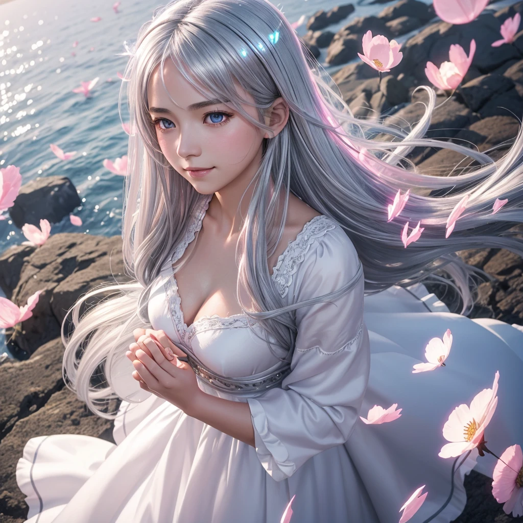 1 girl, scenery, vibrant colors, sharp focus, best quality, depth of field, cinematic lighting, flying petals in the wind,  
(silver eyes), silver hair, extremely long hair, slight blush, slight smile, 
(glowing:1.5), maid, glow hair, from above, hands together, close up