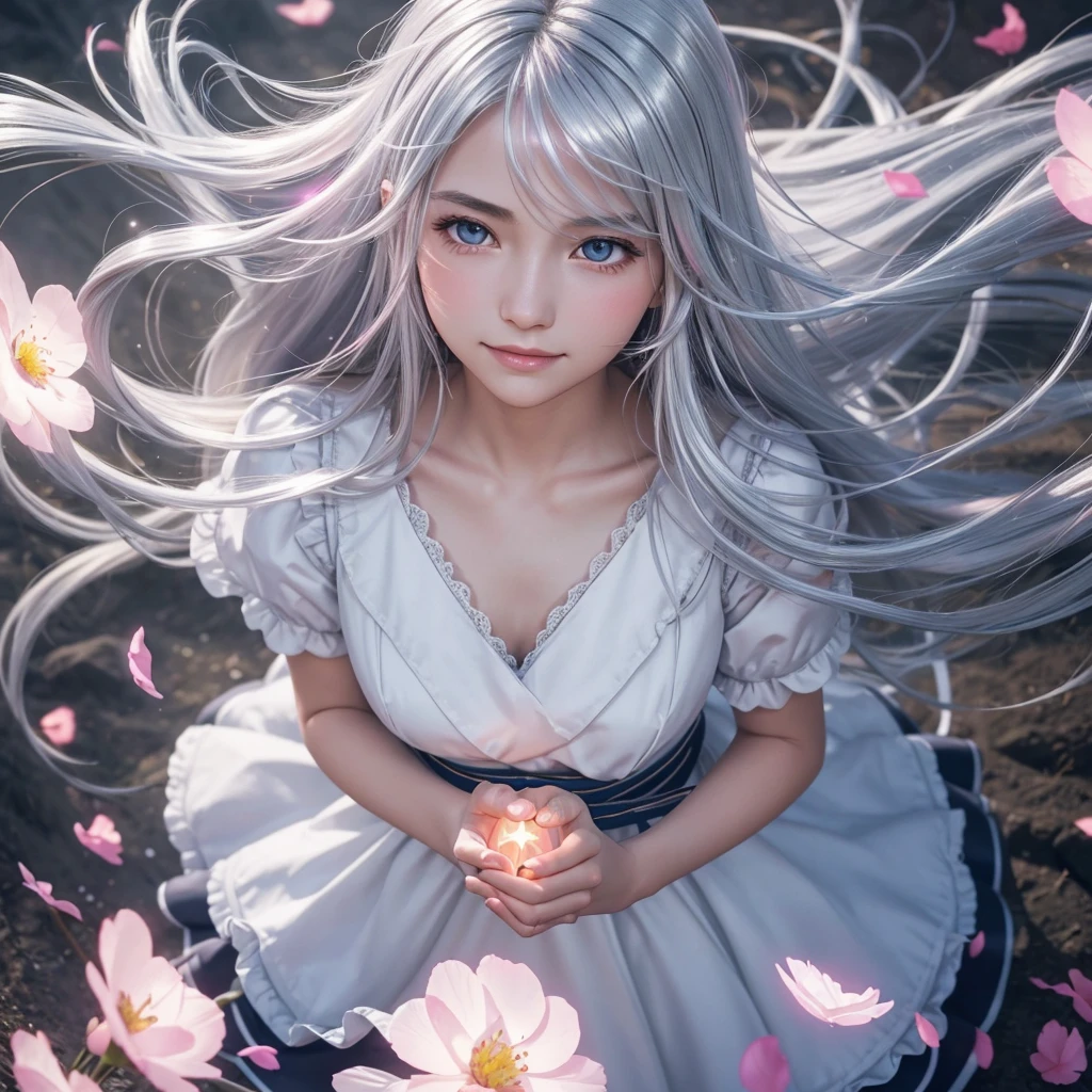 1 girl, scenery, vibrant colors, sharp focus, best quality, depth of field, cinematic lighting, flying petals in the wind,
(silver eyes), silver hair, extremely long hair, slight blush, slight smile,
(glowing:1.5), maid, glow hair, from above, hands together, close up