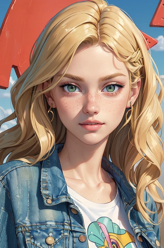 (((Masterpiece, Best Quality, High Resolution)))), Extremely detailed 8K, (Ultra HD, Ultra-detailed, Highly detailed, Highly realistic, Ultra-realistic, photograph realistic), (HD Quality), sharp focus, (Close up shot), Attractive, , Tomboy, Porcelain skin, freckles, ((Green eyes, downturned eyes)), ((Downturned lips)), (((Blonde long wavy hair))), (((Jean jacket, colorful graphic T-shirt))), (looks directly at the camera, confident smirk), Camp out setting, (Focusing on the face, smooth skin texture, sun shining bright)