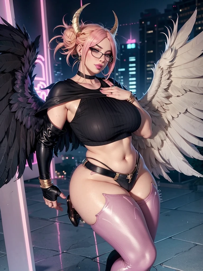 realisticlying,22yo girl,Blonde short、big body, sexy lingerie lace black ,perfect eyes, hair bunches、very very long hair, ultradetailed hair, body nylon sexy, Breasts enlarged、 big body, blonde, woman 1.90 CM,ponytail, ((hair over eyes)),perfect mouth, massive big bounce oppai, WET SKIN, (masterpiece, best quality:1.2), 1girl, solo, city background, haze \(fortnite\), Harpy Haze From fortnite, 1girl, earrings, glasses, hat, jewelry, lips, long hair, looking at viewer, makeup, nail polish, pink eyes, pink hair, pink nails, smile, sunglasses, tinted eyewear, belt, black pants, crop top, eyeshadow, midriff, navel, pants, choker, fingernails, round eyewear, sharp fingernails, standing, black feathers, black headwear, hoop earrings, horned headwear, horns, denim, winged arms, feather trim, star \(symbol\), elbow gloves, dark pink lips, feathers, heels, shoes, angel wings, bangle, black wings, crop top overhang, feathered wings, harpy, low wings, multicolored hair, multicolored wings, pink wings, wings, fingerless gloves, shirt, long fingernails, boater hat, bootcut pants, leather pants, sleeves, black sleeves,massive big bounce oppai,massive big bounce oppai,massive big bounce oppai,big bounce oppai,big bounce oppai,