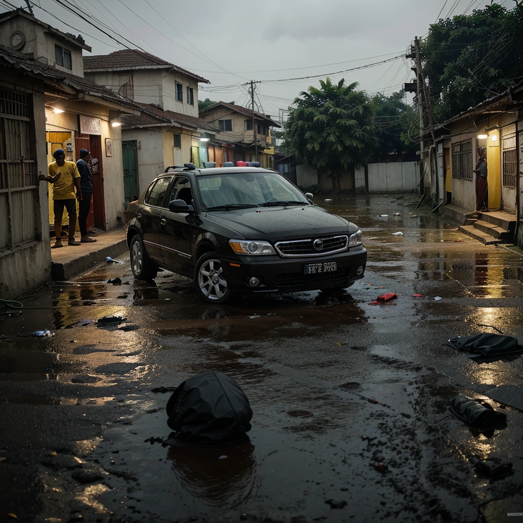 a crime scene in Bangladesh, houses and a car, rain, wind surreal vibrant --v 6.0 --style raw --s 200