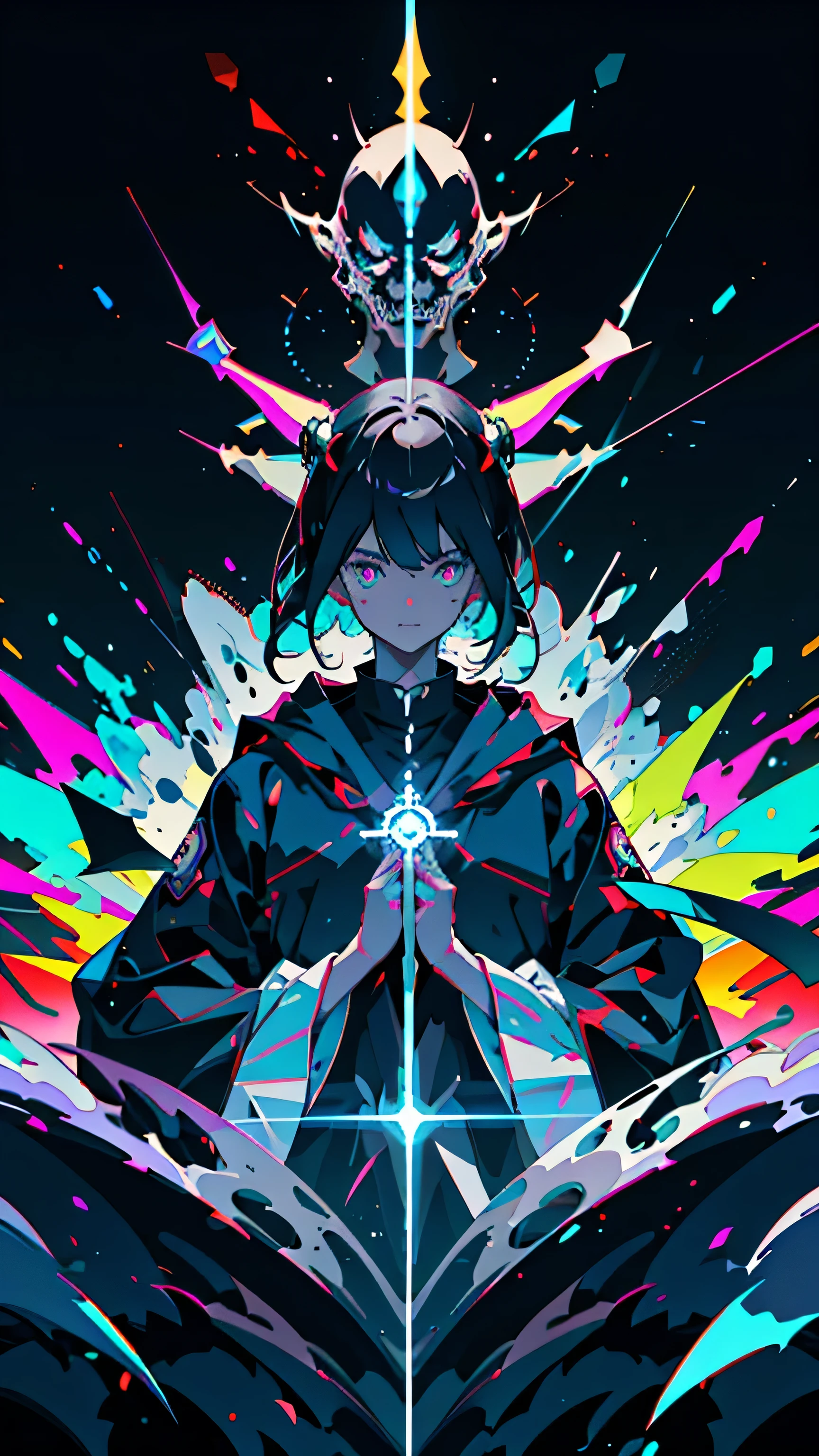 (anime man, neon colors:1.1, devil, satan, extremely psycho, maniac grin, crazy, lunatic, ominous, cool)(best quality,4k,8k,highres,masterpiece:1.2),ultra-detailed,(realistic,photorealistic,photo-realistic:1.37),edgy, vibrant colors, intense lighting, stylized artwork, dynamic pose. Half body, standing, facing camera, priest, religious clothes, heavy robe, heavy religious symbol