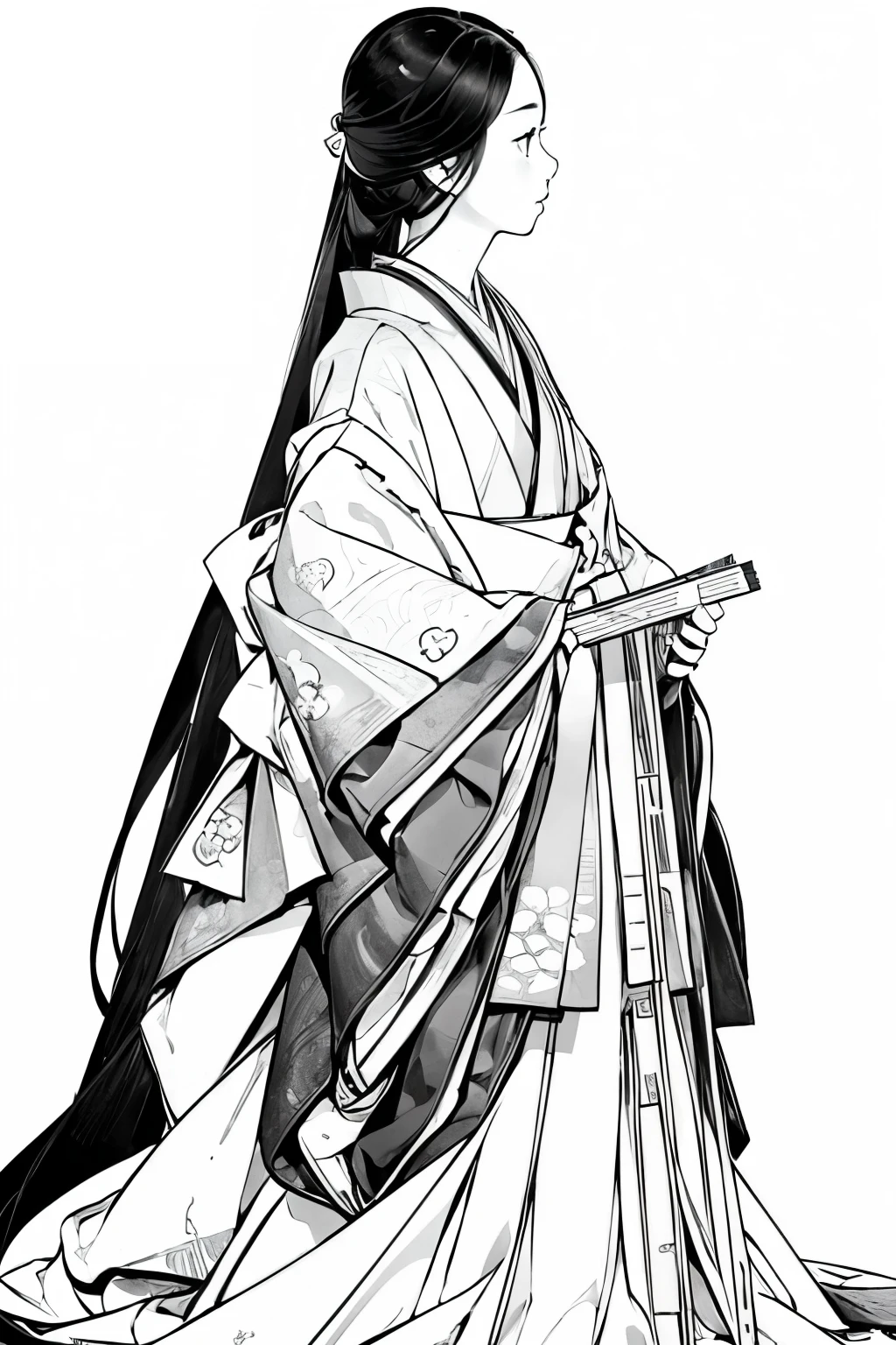 (Highest quality, masterpiece, High resolution:1.4)、(4k art)、(Coloring Art:1.4)、(Line art:1.4)、(Draw only with lines:1.4)、(No solid paint:1.4)、Monochrome、sketch、Detailed, One young woman、Twelve-layered kimono、whole body、alone、from the front、From diagonally ahead、Beautiful Face、(Very long beautiful hair:1.2)、(Straight Hair:1.2)、Tang Yi、Court Crests、skirt、海賦紋のskirt、(An accurate depiction of the fan:1.2)、Tang Yiの襟の正確な描写、An accurate depiction of the five-piece chest garment、(An accurate depiction of the five-piece sleeves:1.2)、(An accurate depiction of the five-layered garment:1.2)、(Long hakama:1.2)、
(White Background)、