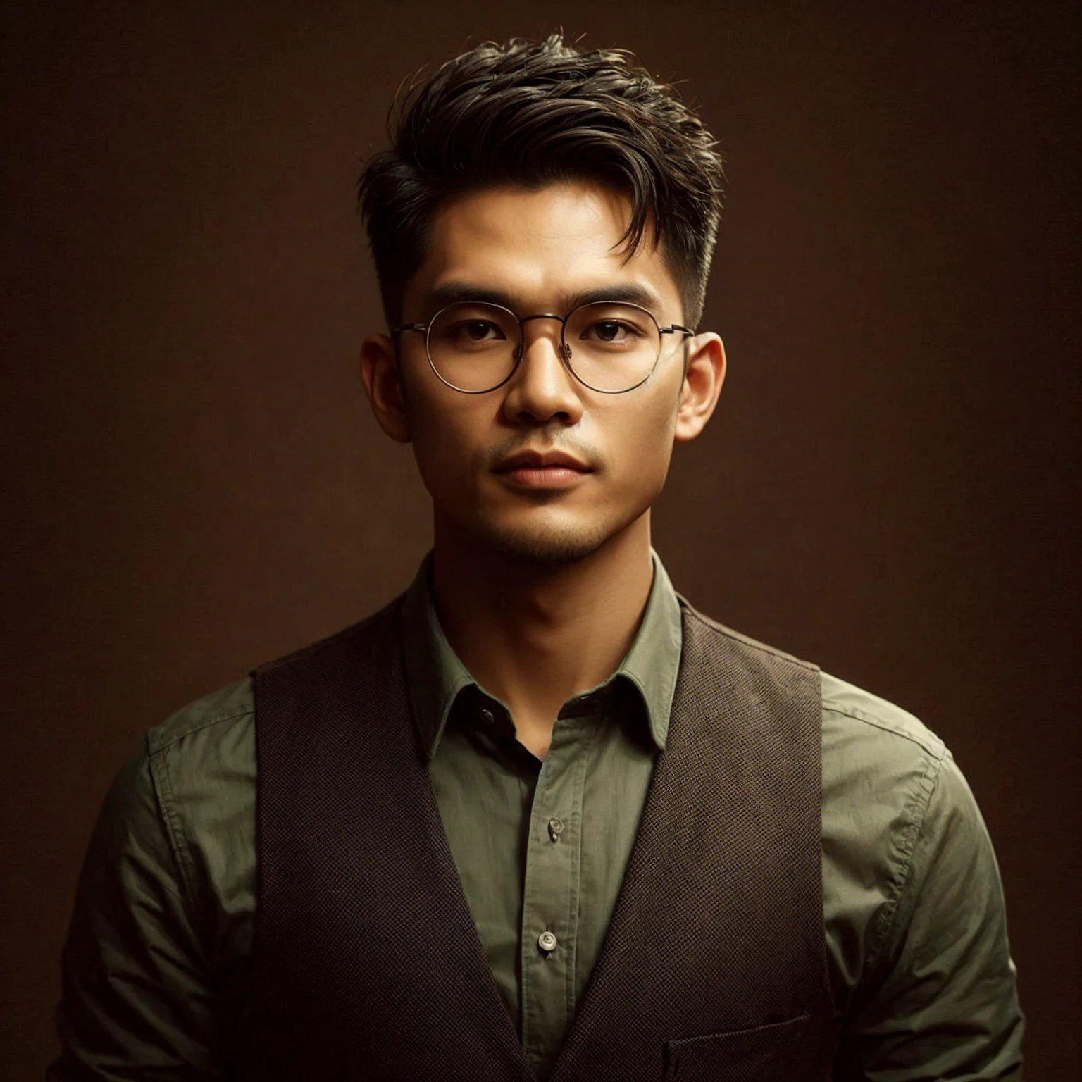 An Indonesian man wearing glasses, with short, messy hair styled in a fade cut. He stands with his head turned to the side, both hands in his pockets, and a neutral expression. His body is slightly athletic with a short neck. He has an oval-shaped face and a slightly large nose. The background is dark brown. He is wearing a sage shirt and a dark formal vest. The photo is realistic.