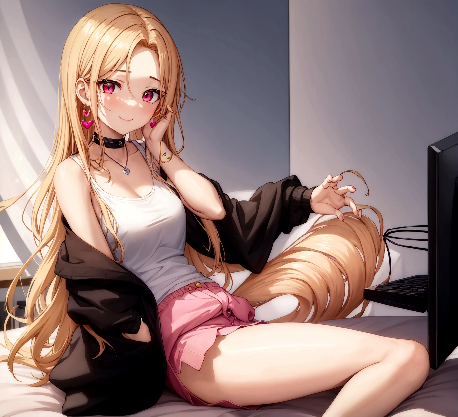 ((최고의 품질)), ((걸작)), (상세한), 여자 1명, Create an anime-style digital artwork of a character with long, straight, sleek blonde hair and bright red eyes. The character is wearing a white cardigan over a black tank top and dolphin shorts. She is accessorized with a pink heart pendant choker and long, decorative earrings. Her hair features a red heart hairpin on the side. The character is sitting in her room in front of a desktop computer, smiling warmly. The background should show a cozy room with soft lighting, with elements like a computer desk, monitor, and some personal items scattered around. The overall mood should be relaxed and inviting, capturing the essence of a casual day indoors.shiny forehead,slicked-back hair, forehead